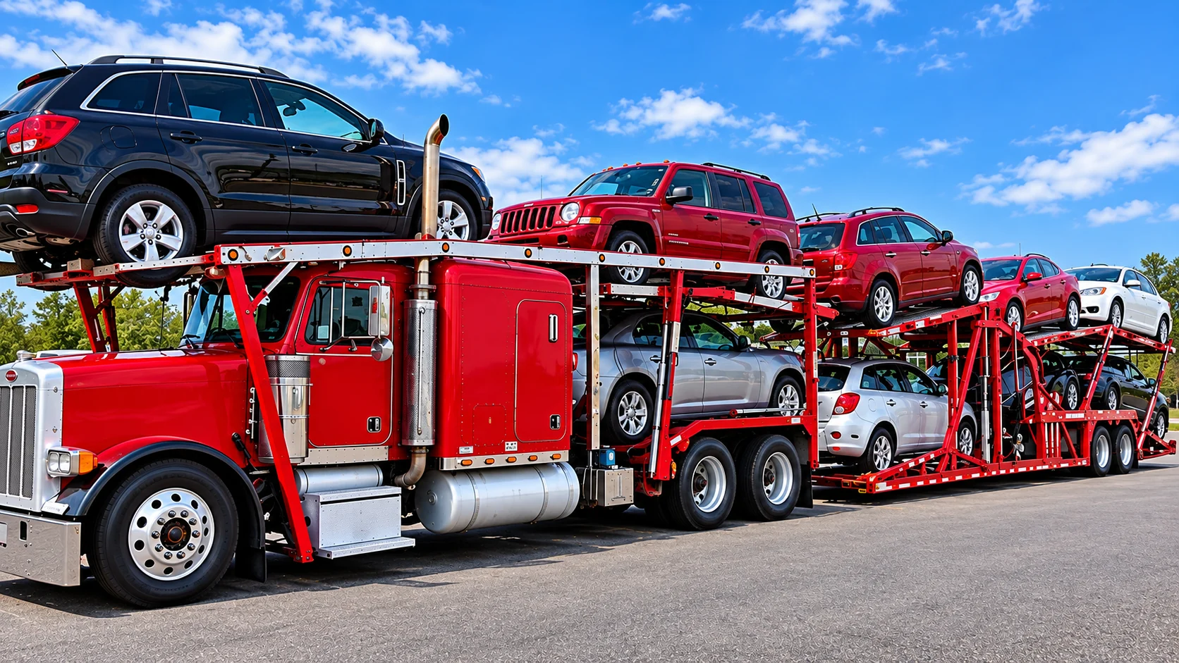 Red Peterbilt multi-car carrier loaded with vehicles.