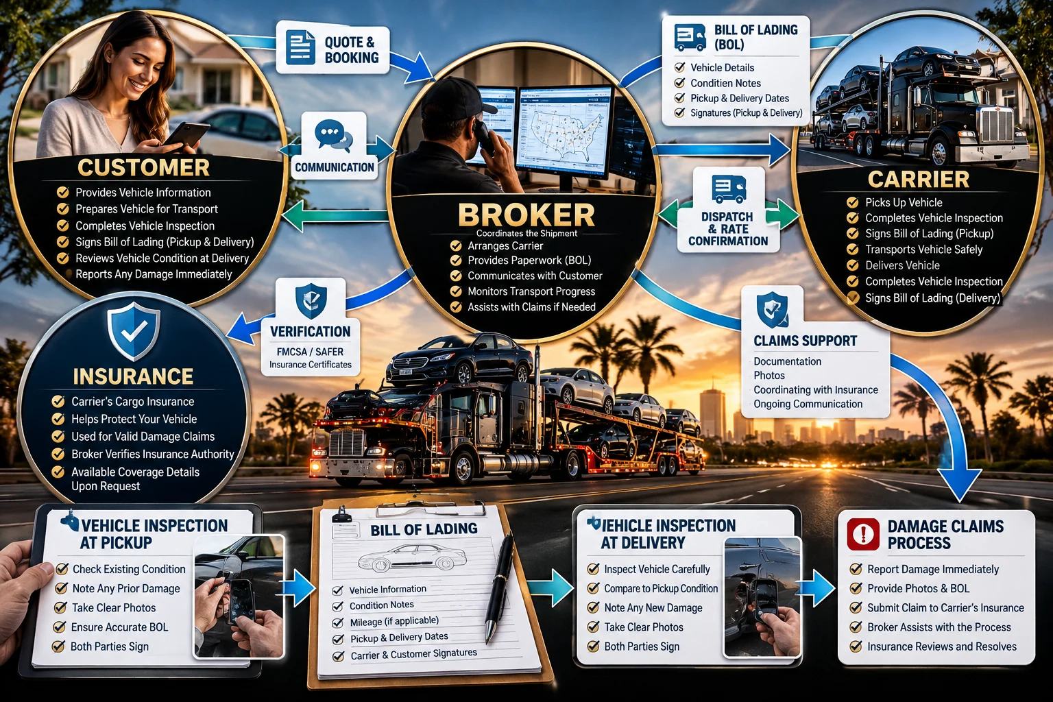 Diagram of the customer, broker, carrier, insurance, inspections and damage claims process.