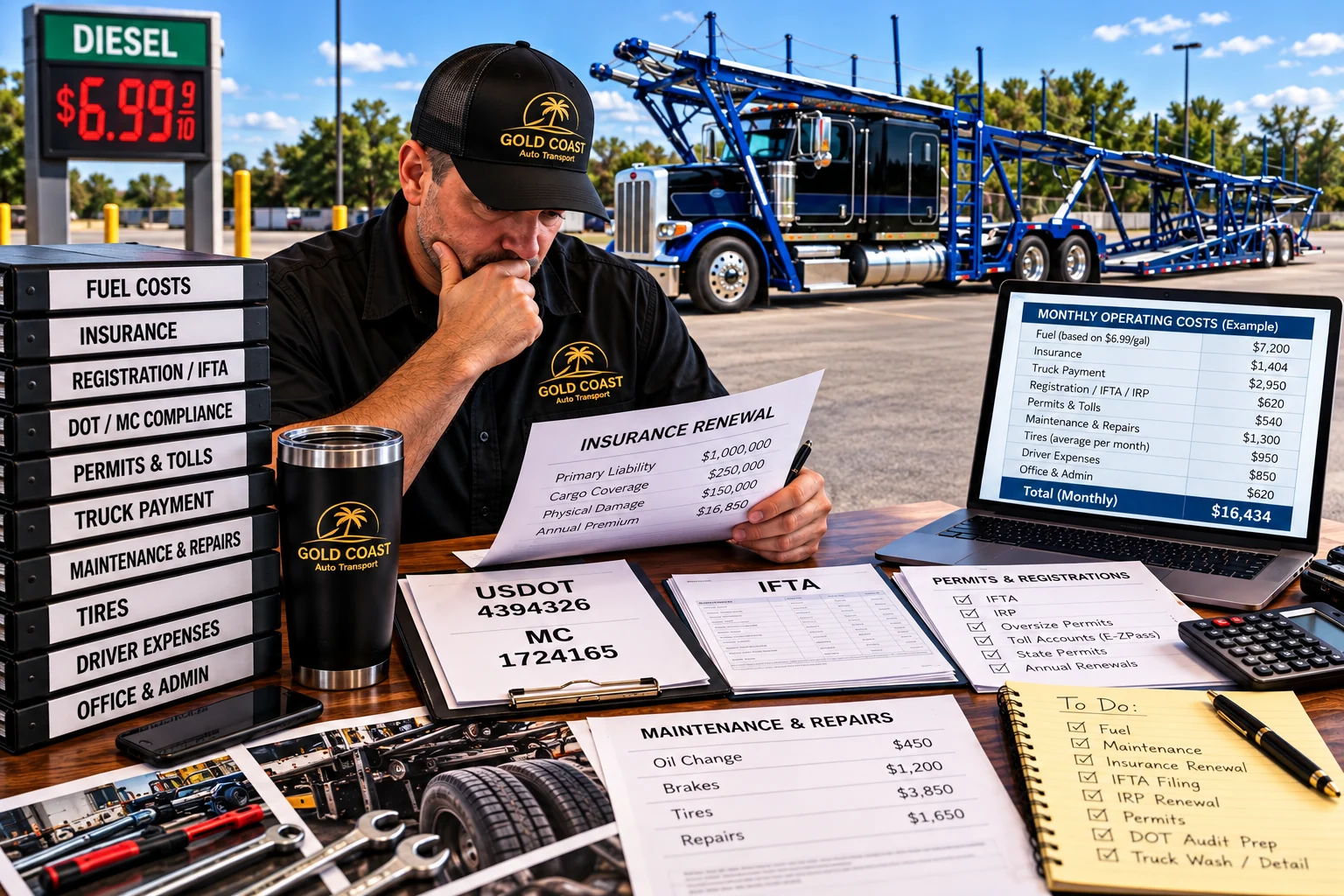 Operator reviewing maintenance, insurance, fuel and compliance expenses with blue and black Peterbilt on a paved parking lot.