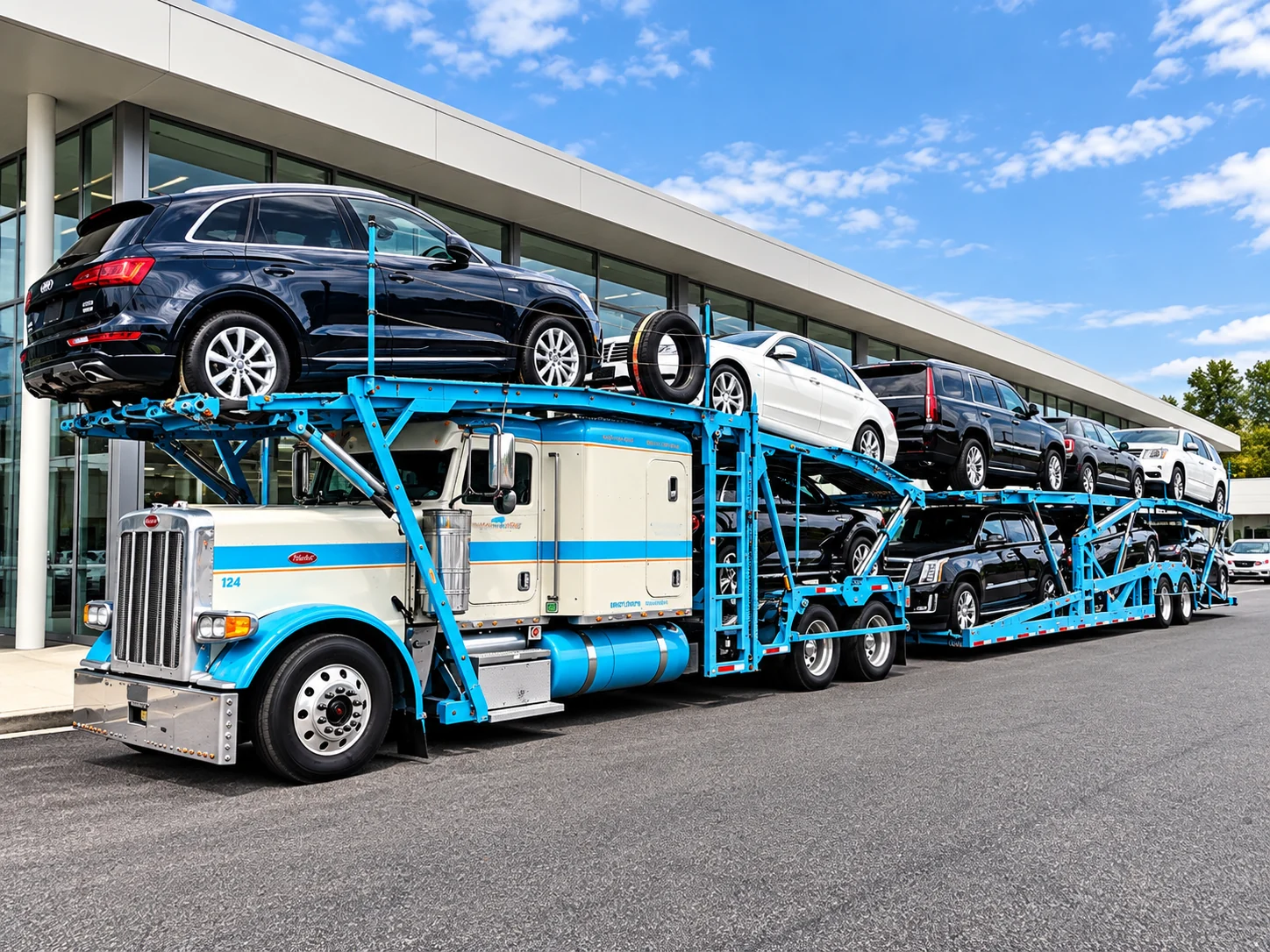 Blue-and-white Peterbilt car carrier outside a modern dealership.