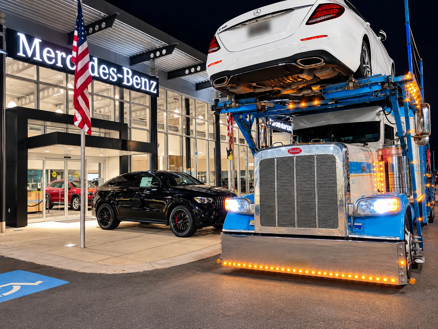 Peterbilt car carrier outside a Mercedes-Benz dealership at night.