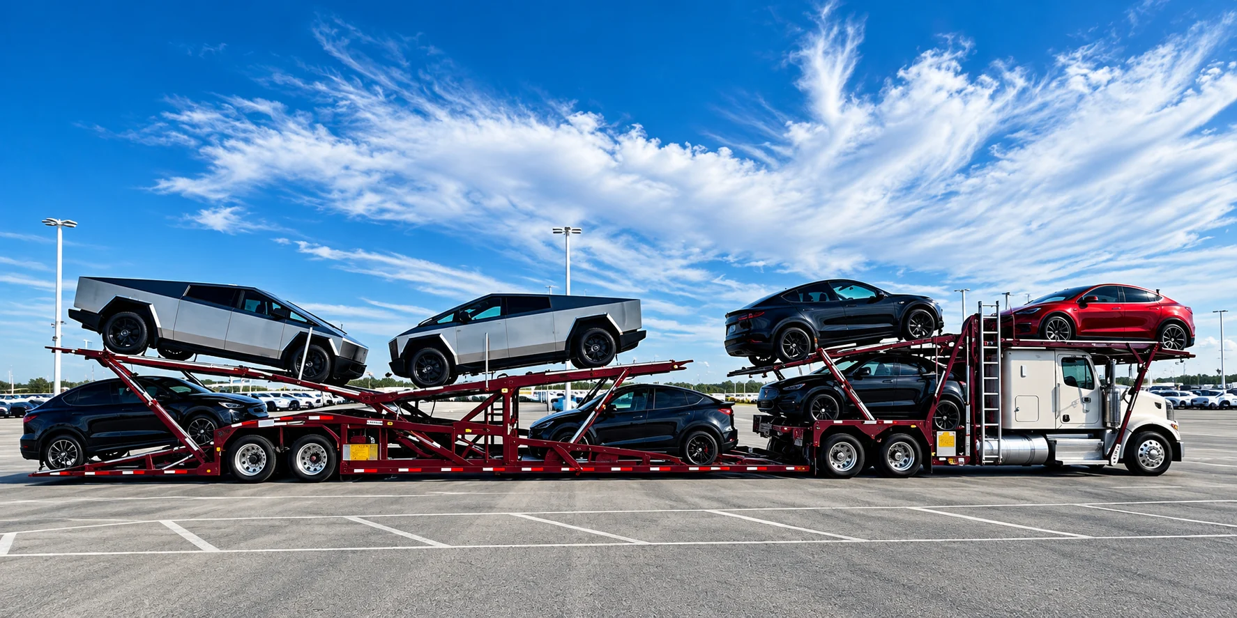 Fully loaded red multi-vehicle carrier with modern vehicles under a blue sky