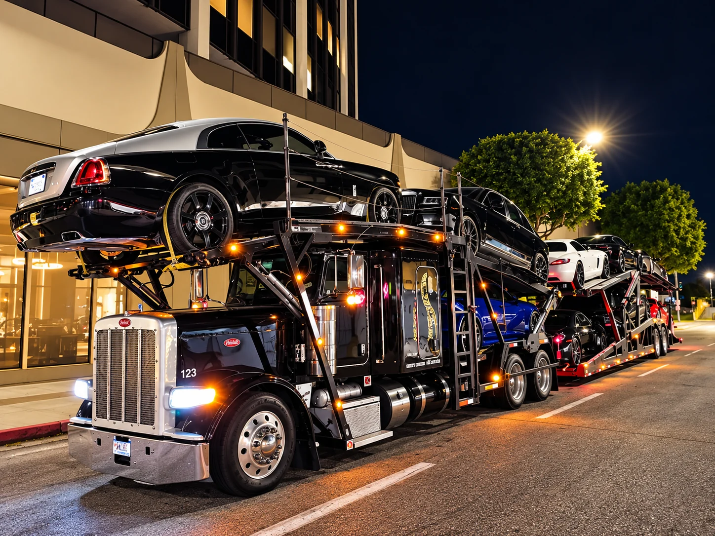 Black Peterbilt car carrier loaded with luxury vehicles at night.