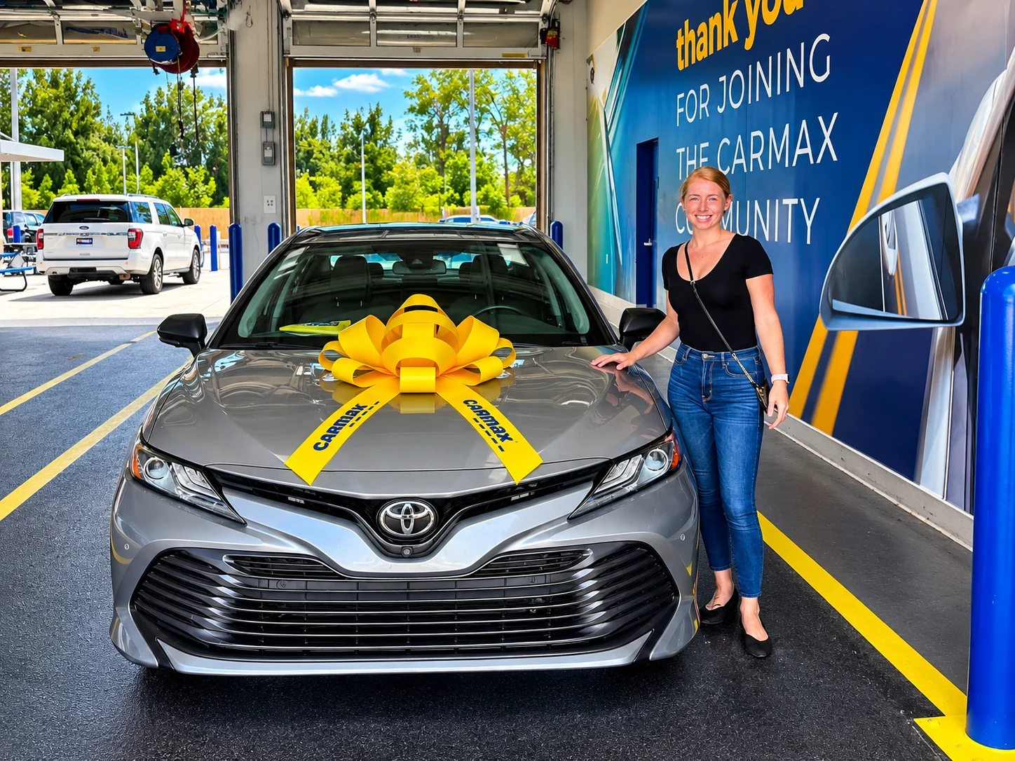 Silver vehicle with a yellow bow and smiling buyer at a dealership.