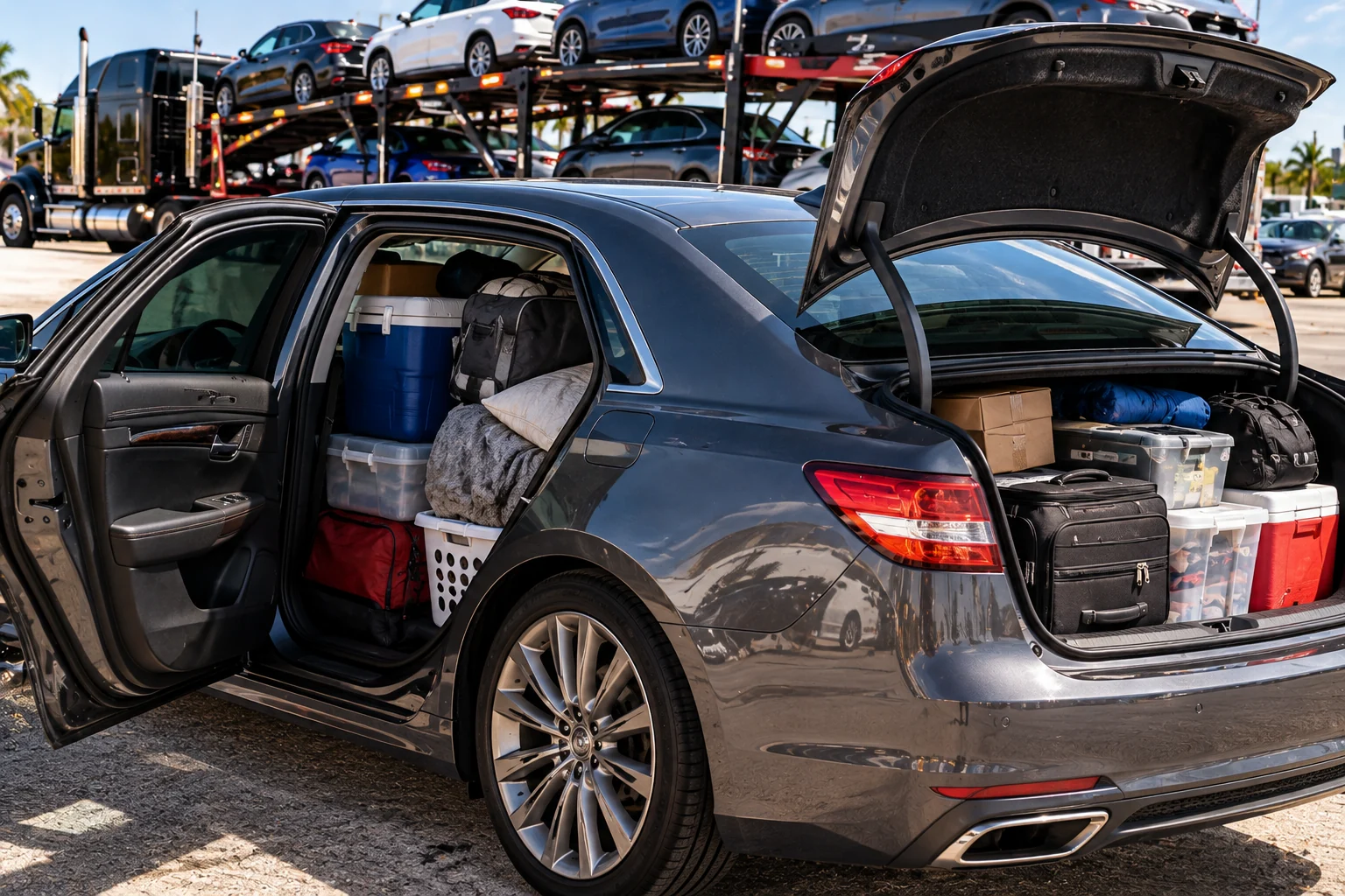 Overstuffed passenger vehicle with rear door and trunk open beside a car carrier.