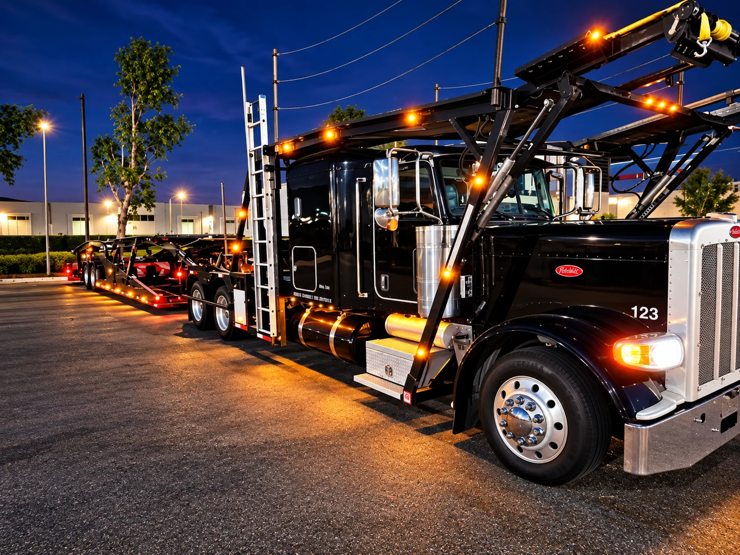 Black Peterbilt car carrier with running lights at dusk.