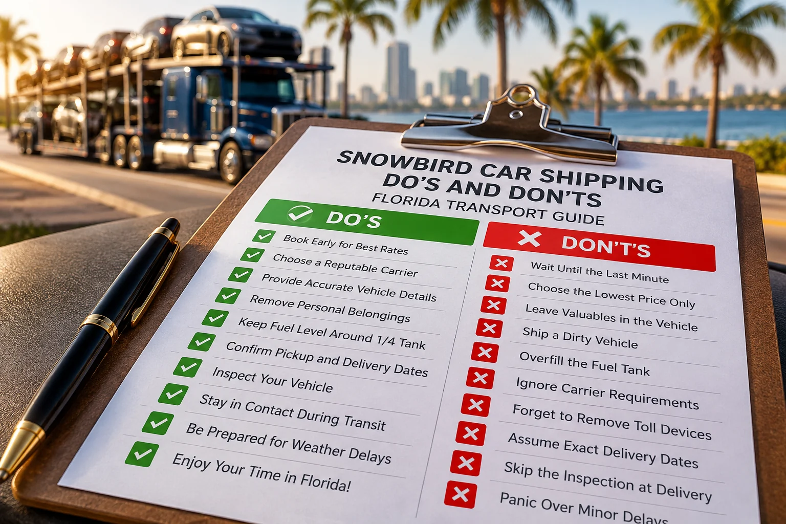 Snowbird vehicle shipping do-and-don’t checklist beside a car carrier.