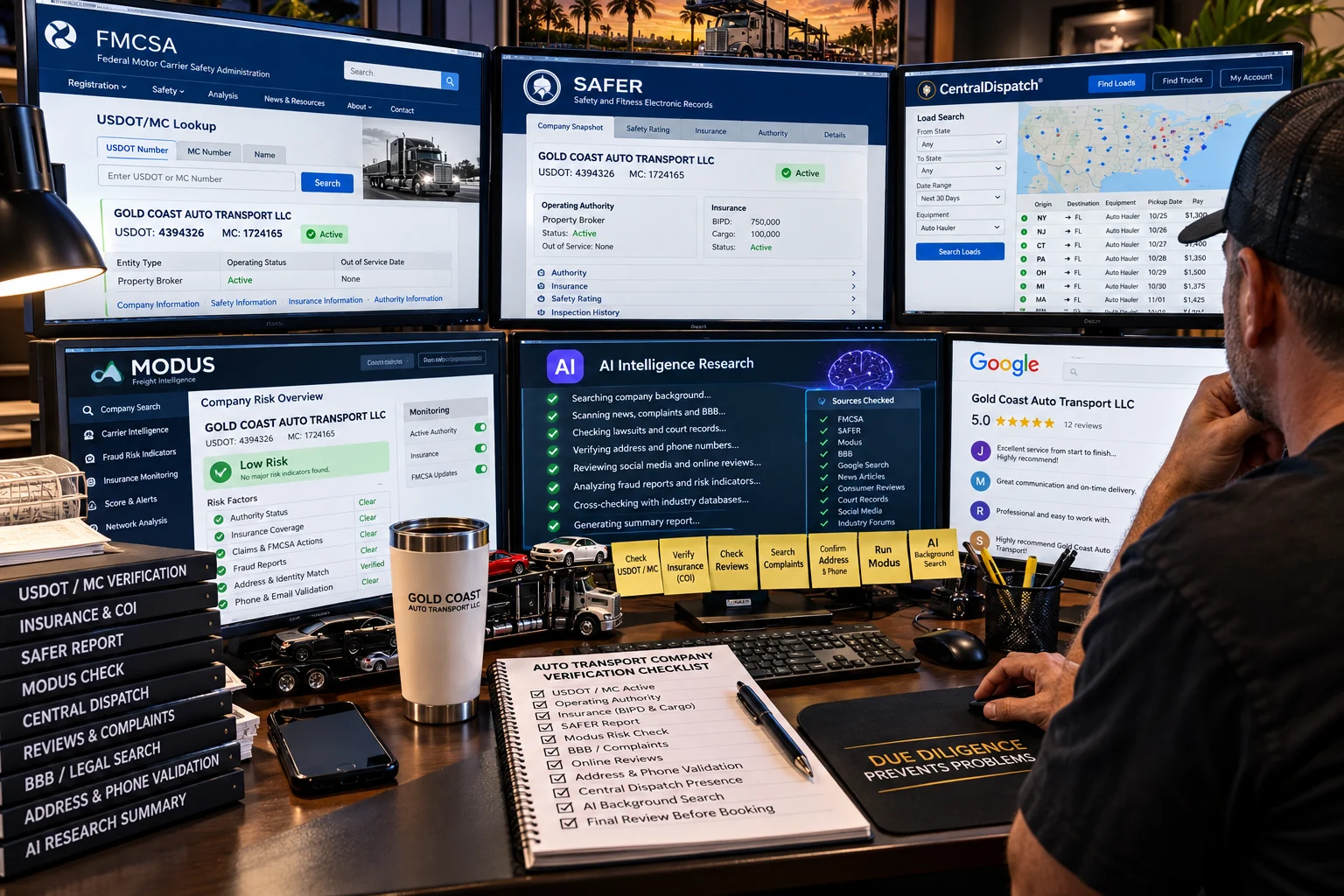 Carrier verification workstation with FMCSA, SAFER, Central Dispatch, MOTUS, background research and reviews.